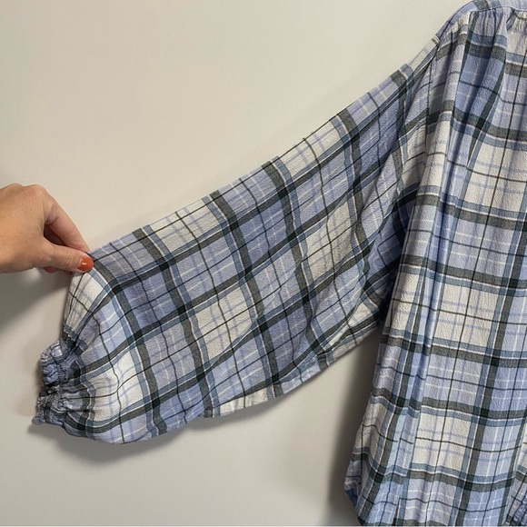 LOFT Blue & White Plaid Peasant Billowy Sleeve Button Down Blouse Top Size Small - Picture 7 of 10